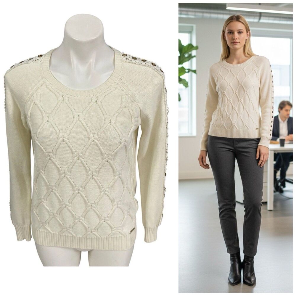 Tommy Hilfiger Sweater Womens Small Cable Knit Grommet Lace Pullover Fisherman